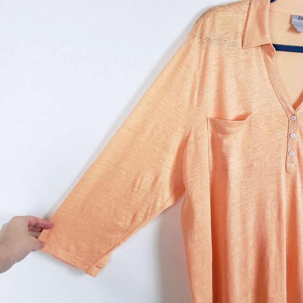 Chico's Linen Top Womens XXL Pastel Orange Cuffed Collared Resort Casual Relaxed - Picture 2 of 6